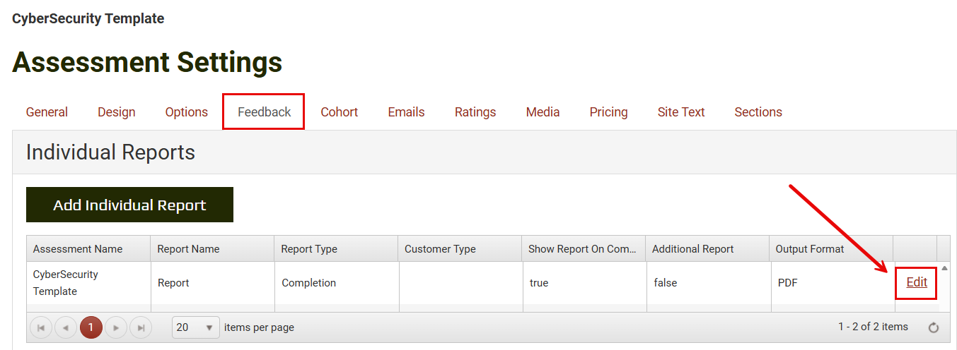Assessment Settings Feedback tab showing
  Individual Report with Edit button