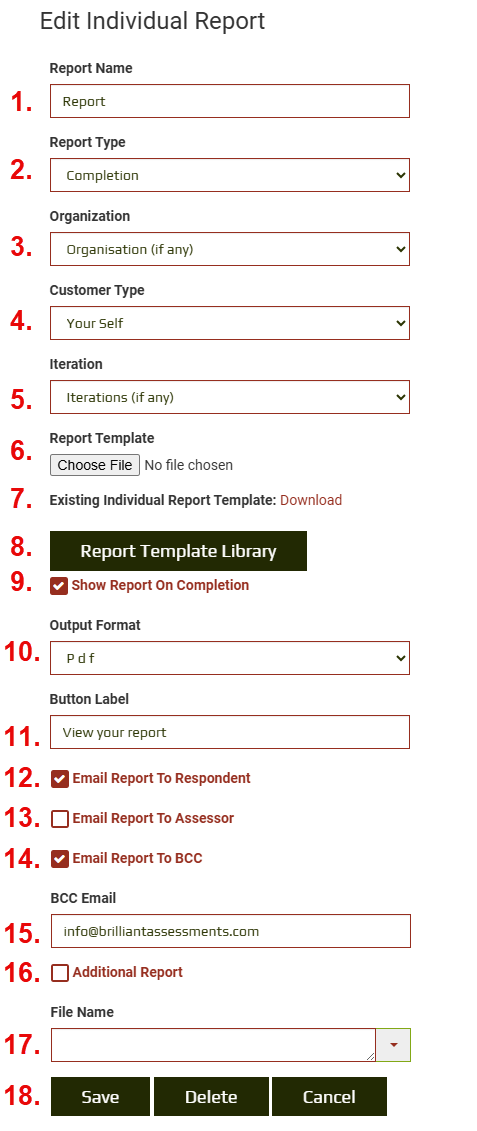 Individual Report Settings screen