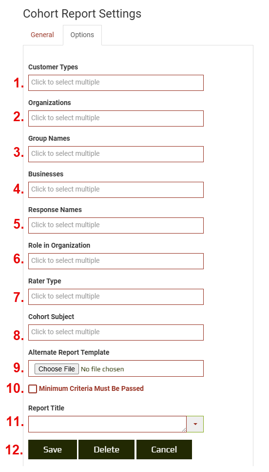 Cohort Report Settings Options Tab