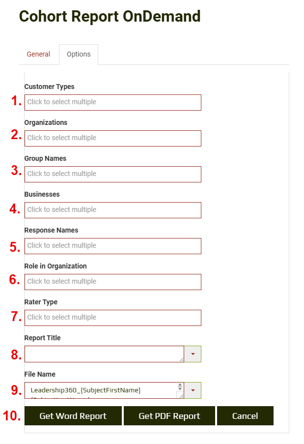 Cohort Reports Run OnDemand Options Tab