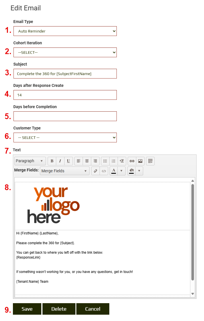 Email template edit screen