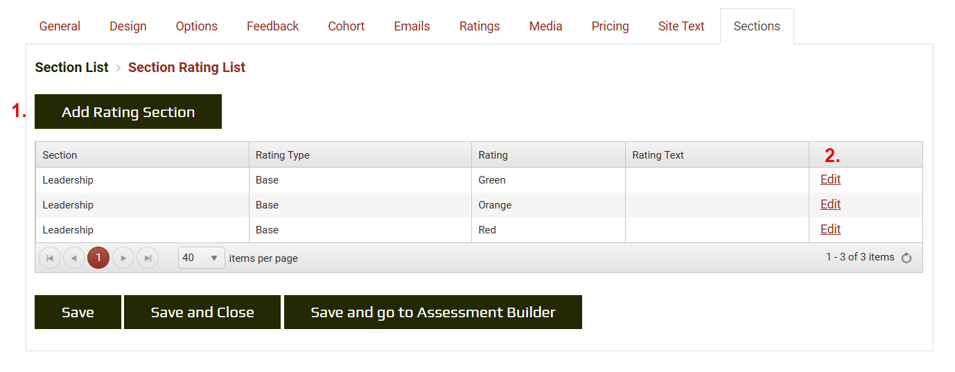 Section Ratings screen