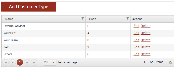 Customer Type name and code fields