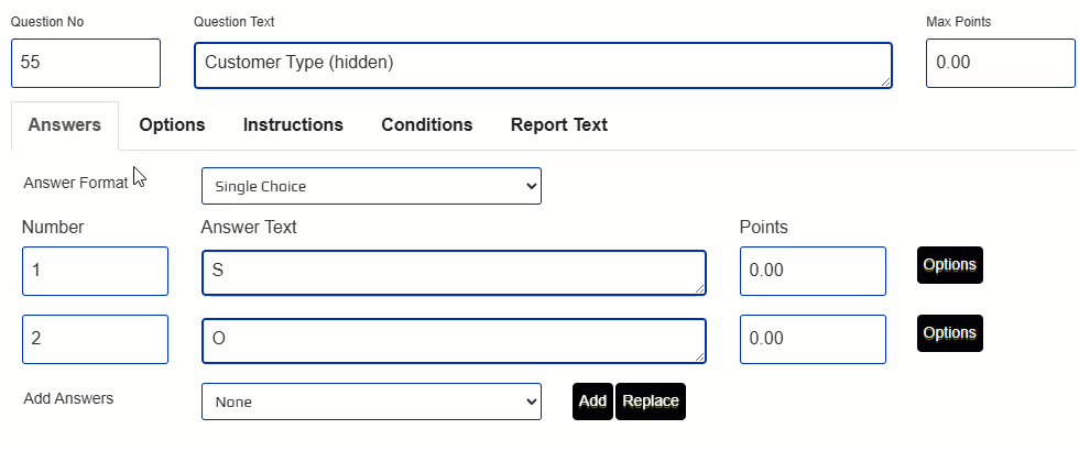 Setting customer type via question report
   names