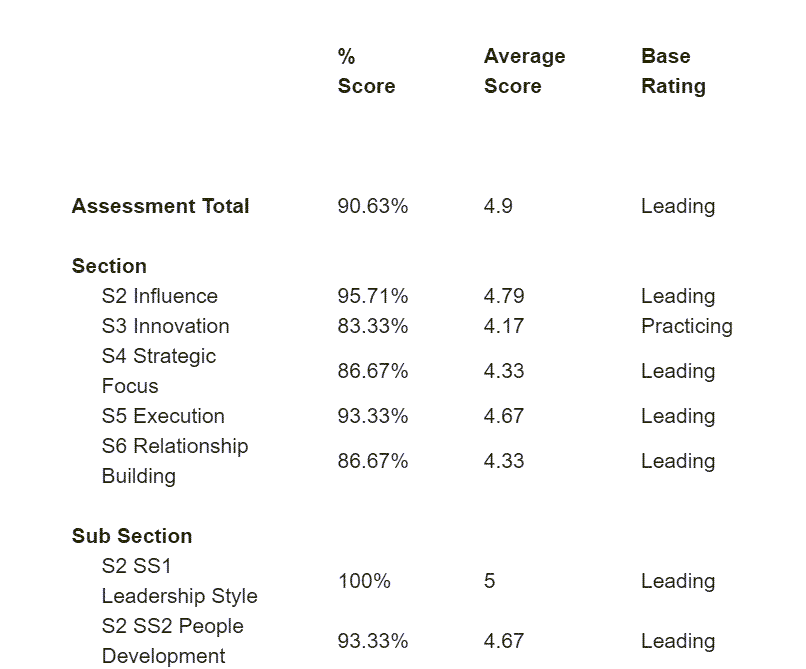 Scoring panel showing Percentage Score and Average Score columns for each level of the assessment