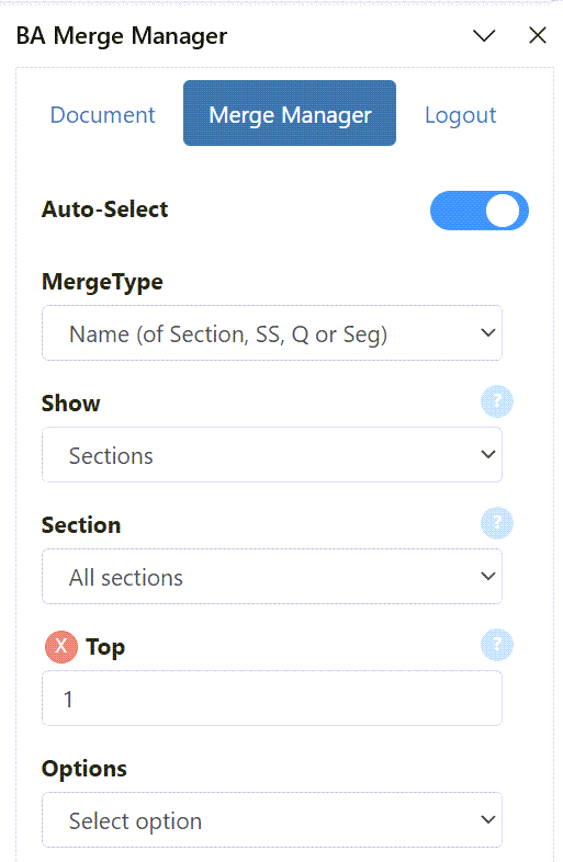 BA Merge Manager panel showing MergeType set to Name, Show set to Sections, Section set to All sections, and Top set to 1