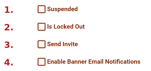 User status checkboxes: Suspended, Is Locked Out, Send Invite, Enable Banner Email Notifications