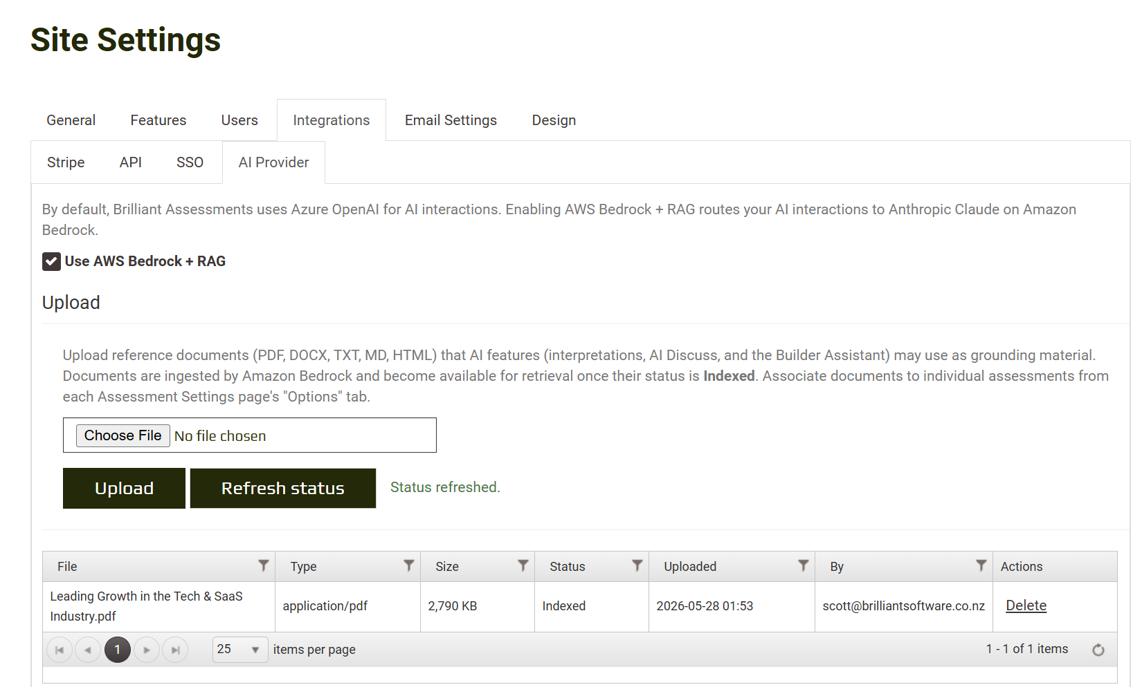 Site Settings, Integrations, AI Provider tab showing the Use AWS Bedrock + RAG checkbox, the Upload panel, and the documents table