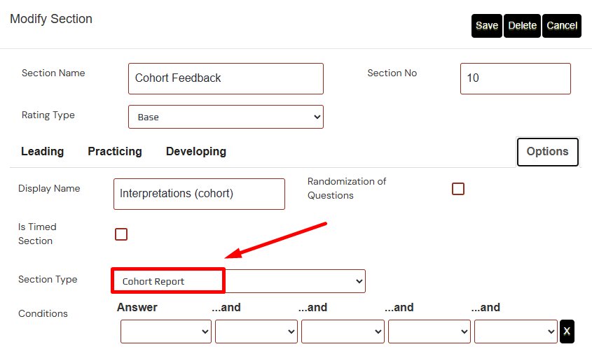 Modify Section dialog with Section Type set to Cohort Report on the Options tab