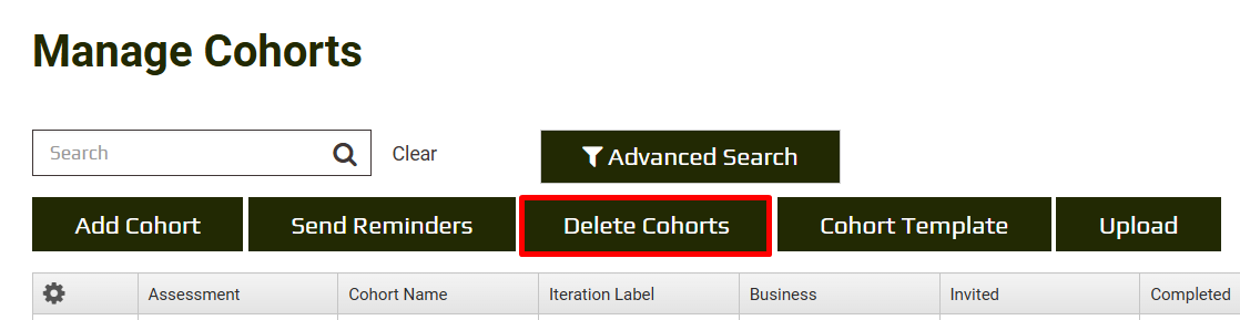 Delete Cohorts button on the Manage Cohorts list
