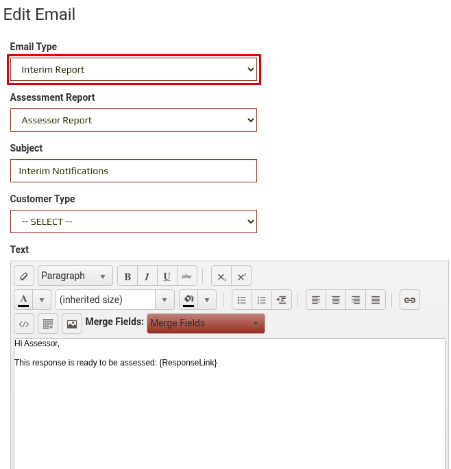 Edit Email dialog with Email Type set to Interim Report