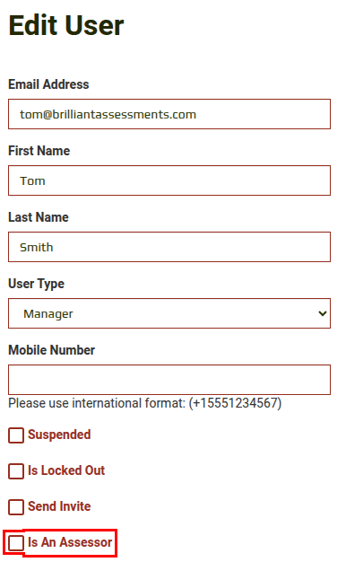 Is An Assessor checkbox on the Edit User page