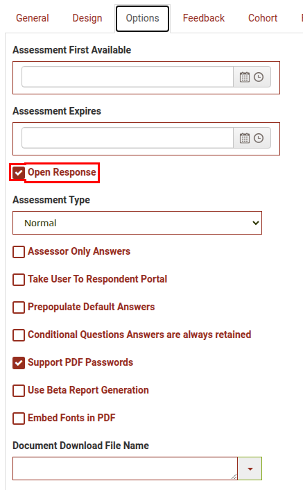 Open Response checkbox on the Options tab of Assessment Settings