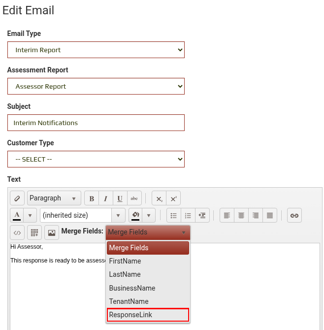 The Merge Fields dropdown open in the email body editor, with ResponseLink highlighted