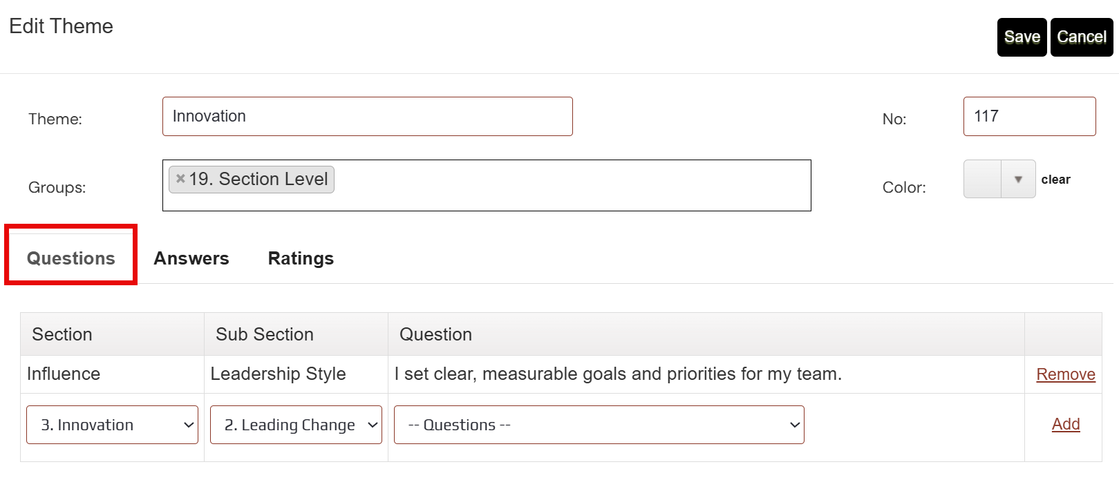 Add or Edit Theme screen showing the name, number, Groups multi-select, Color, and the Questions, Answers, and Ratings tabs