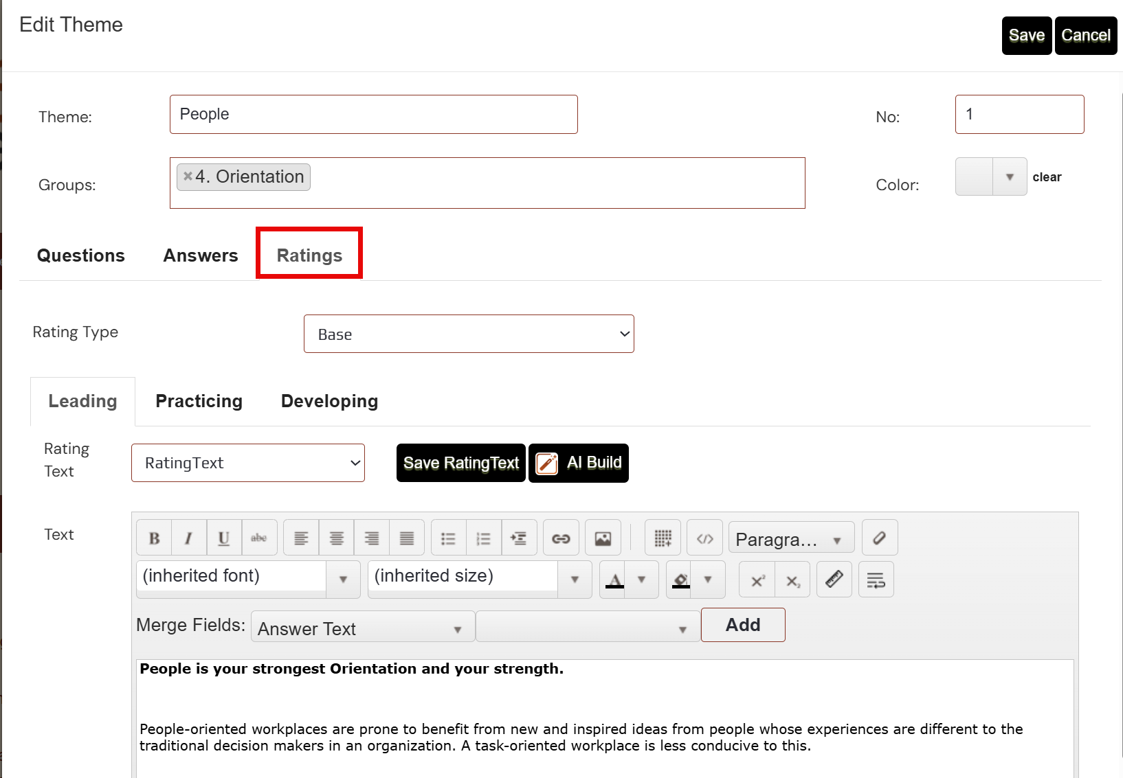 Ratings tab inside the Edit Theme screen showing Rating Type, rating tabs, Rating Text, Save RatingText, AI Build, the editor toolbar, and Merge Fields