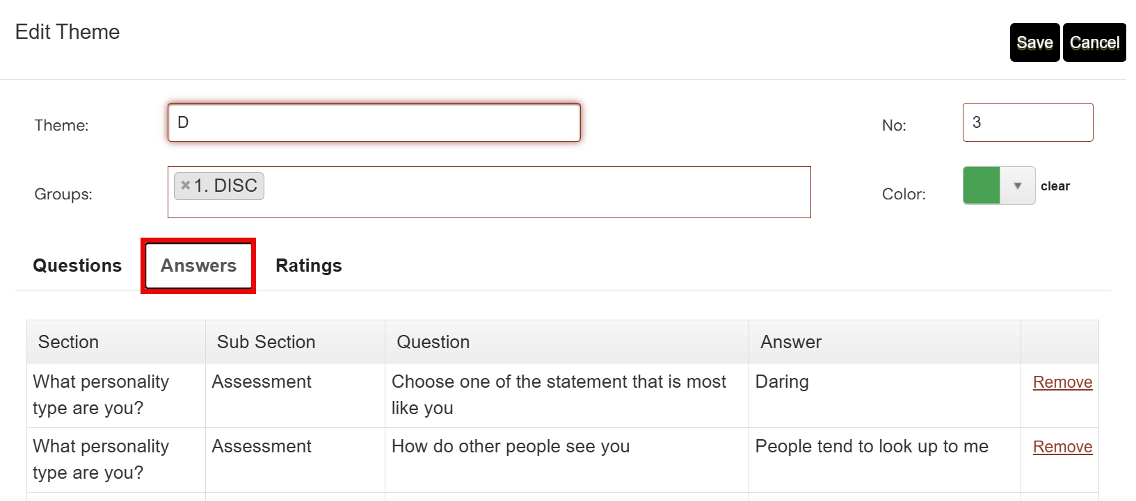 Answers tab inside the Edit Theme screen showing linked answers