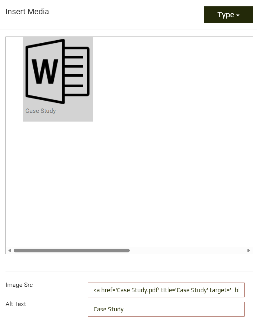 Insert Media window showing the uploaded document, Image Src and Alt Text fields