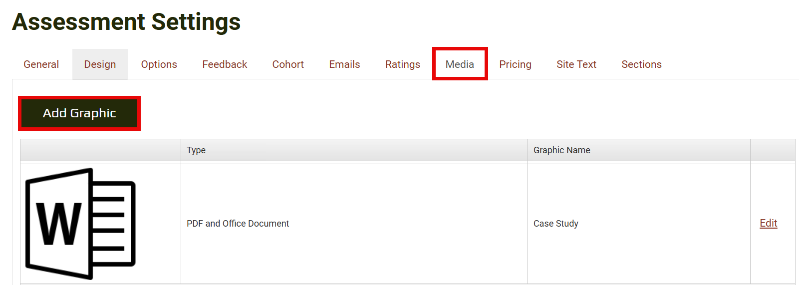 Assessment Settings Media tab with the Add Graphic button highlighted