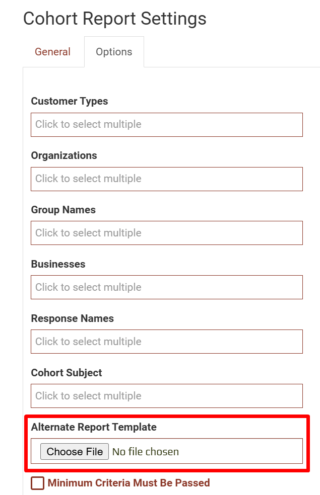 Alternate Report Template field on the Options tab of Cohort Report Settings