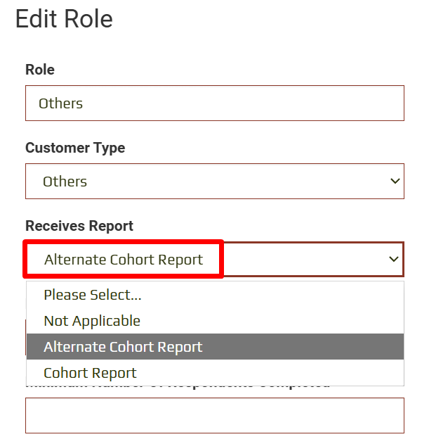 Receives Report dropdown on the Edit Role screen showing Not Applicable, Alternate Cohort Report and Cohort Report