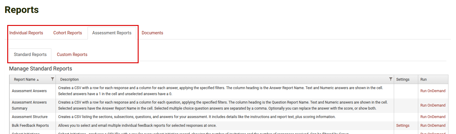Reports screen showing the Assessment Reports tab and the Standard Reports sub-tab