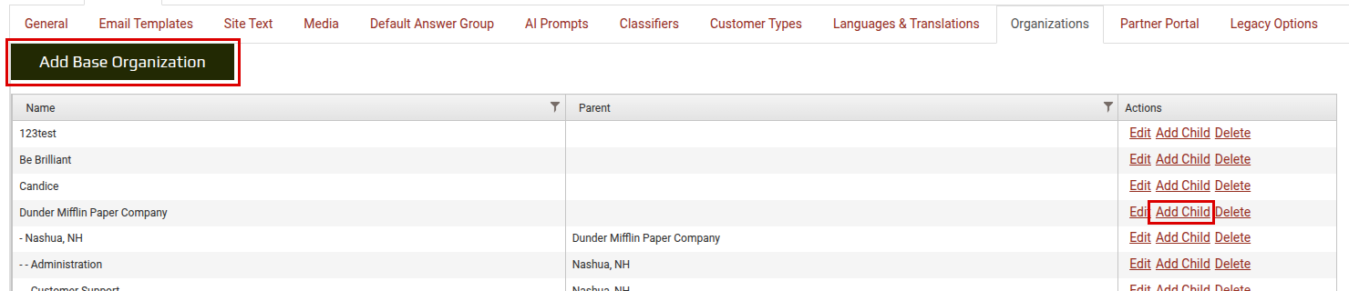 Organization List showing the Add Base Organization button and the Add Child link in a row's Actions column