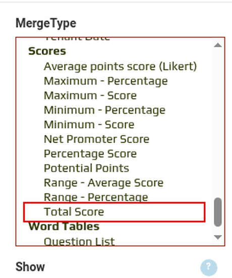 Total Score in the Merge Manager MergeType list, under Scores