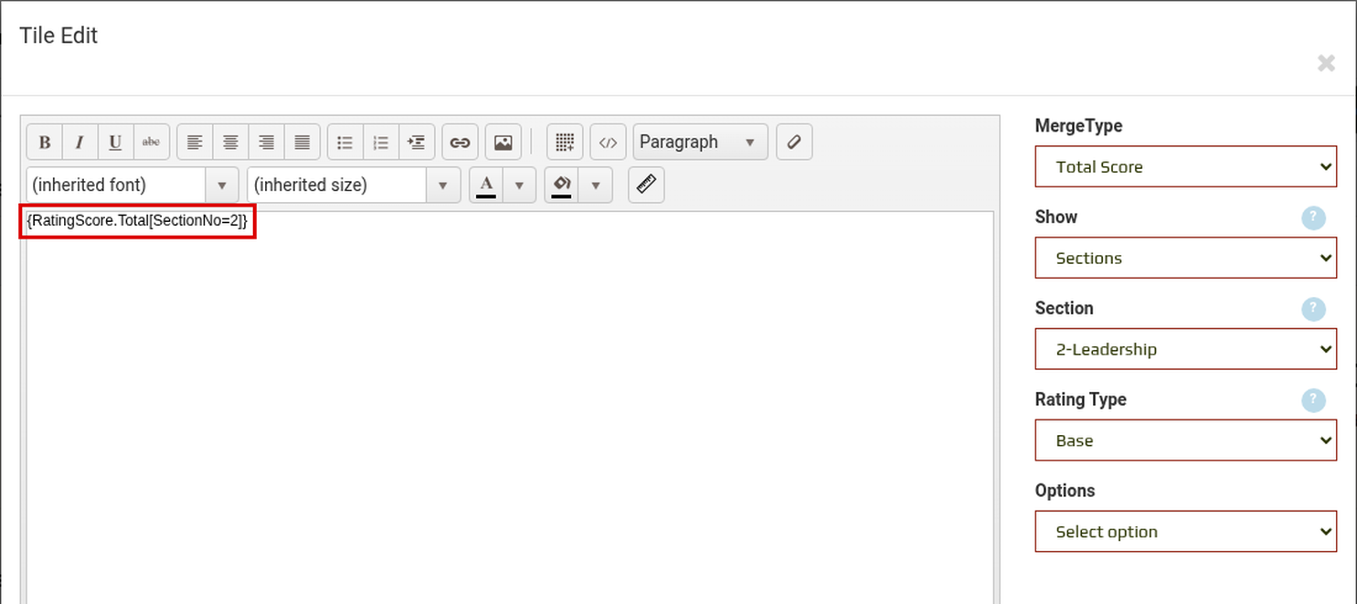 Merge Manager with Total Score selected for section 2, and the merge string it produced