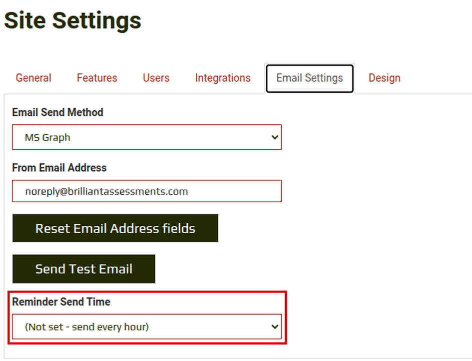 The Email Settings tab of Site Settings, with the Reminder Send Time dropdown highlighted