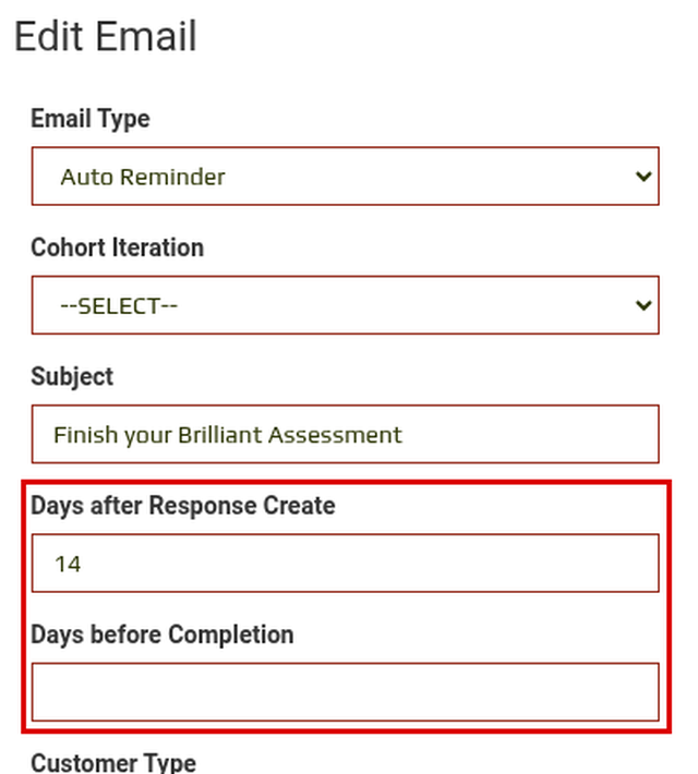 The Edit Email dialog for an Auto Reminder template, with the Days after Response Create and Days before Completion fields highlighted