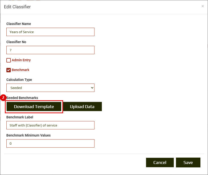 Download Template button for the Years of Service classifier
