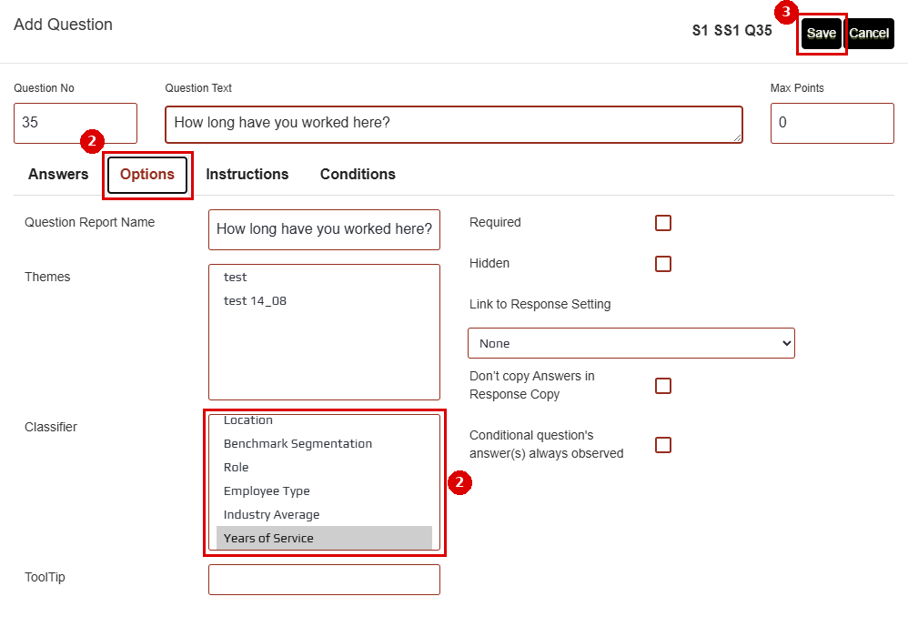 Classifier list on the Options tab of a question