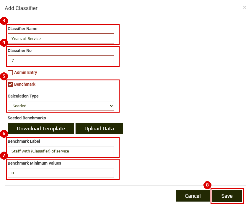 Add Classifier dialog for the Years of Service classifier