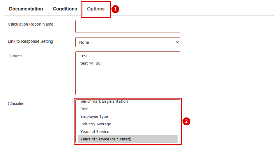 Classifier list on the Options tab of a calculation