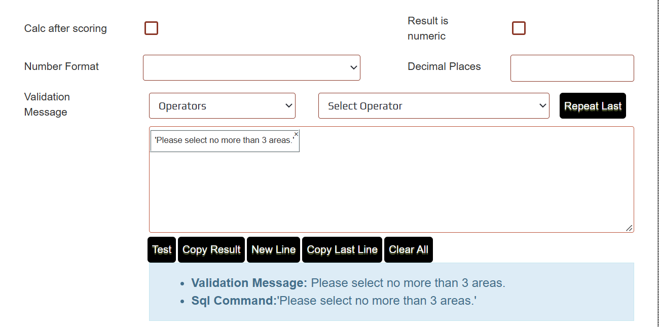 The Validation Message field containing the message Please select no more than 3 areas