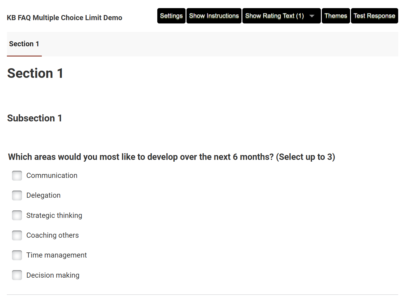 The example Multiple Choice question in the Assessment Builder, with six options and the text Select up to 3