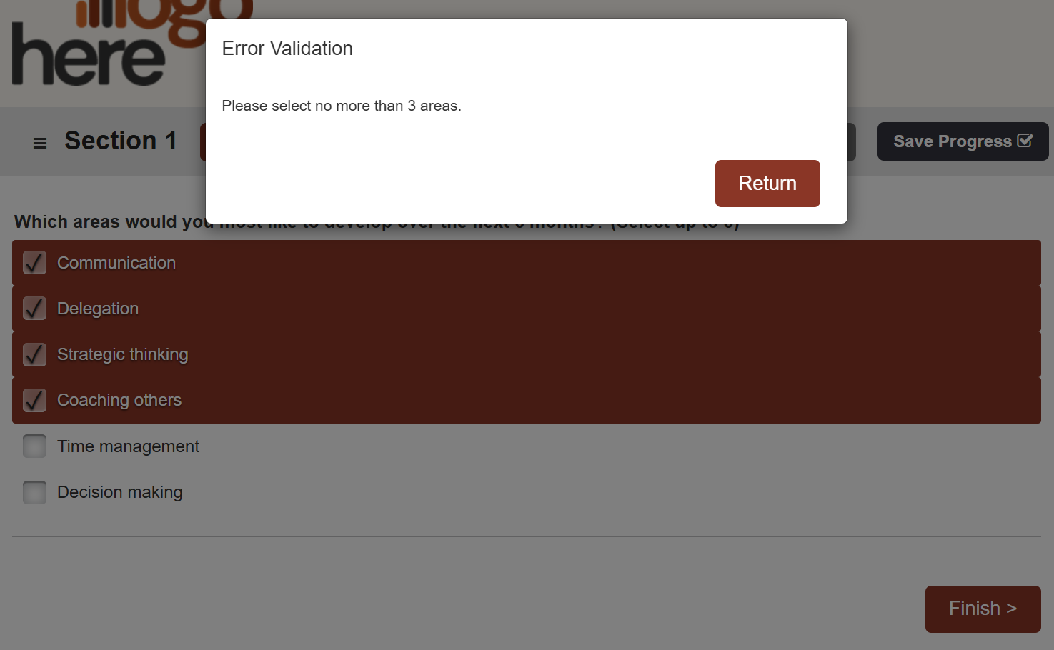The respondent view showing the Error Validation message after four options are selected