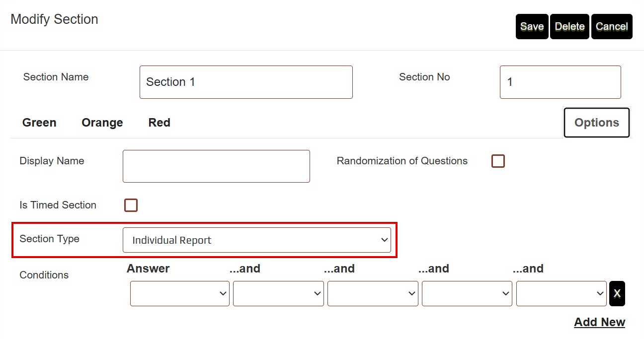 The Options tab of the Modify Section dialog with Section Type set to Individual Report