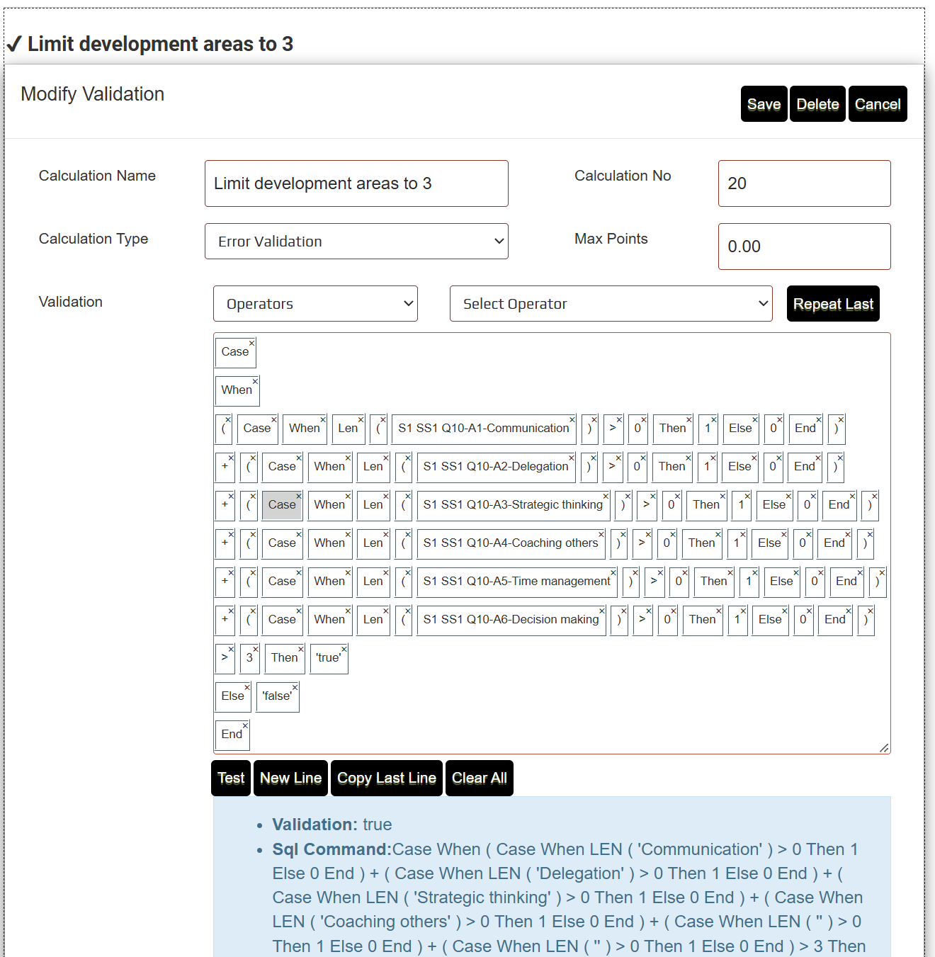 The completed validation formula in the Modify Validation dialog, with the Test result showing Validation: true