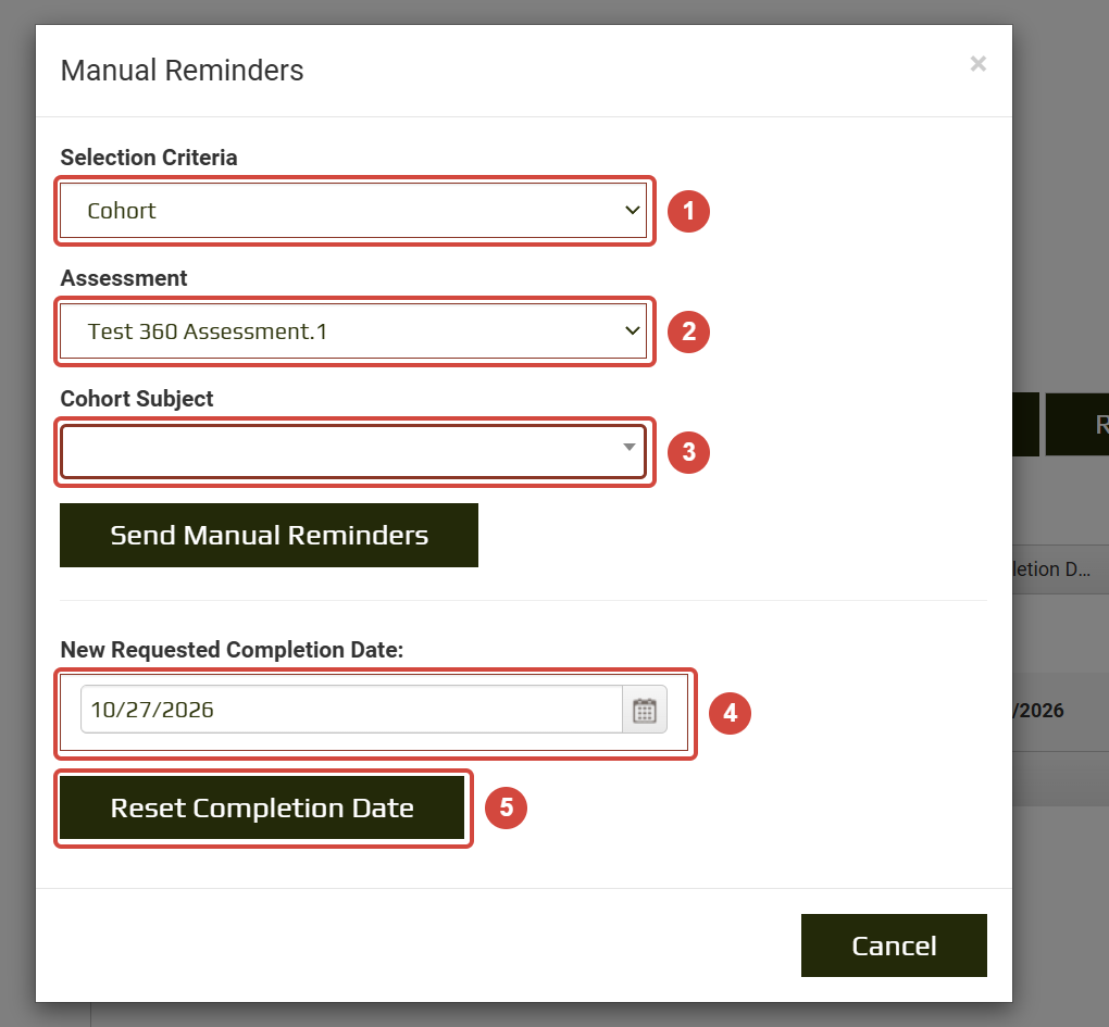 The Manual Reminders window with Selection Criteria, Assessment, Cohort Subject, New Requested Completion Date and Reset Completion Date numbered 1 to 5